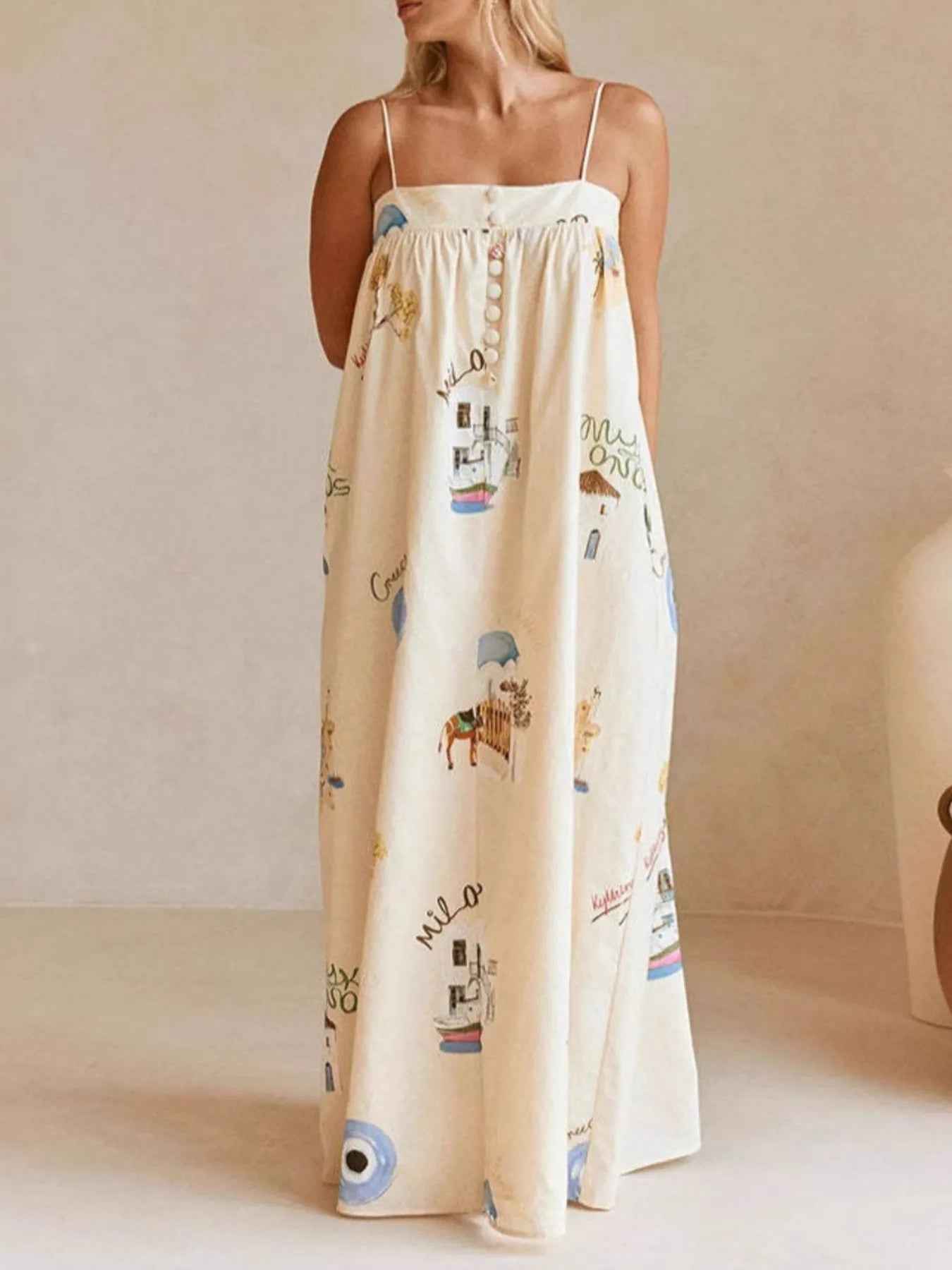 Printed Linen Blend Maxi Dress with Buttons and Pockets