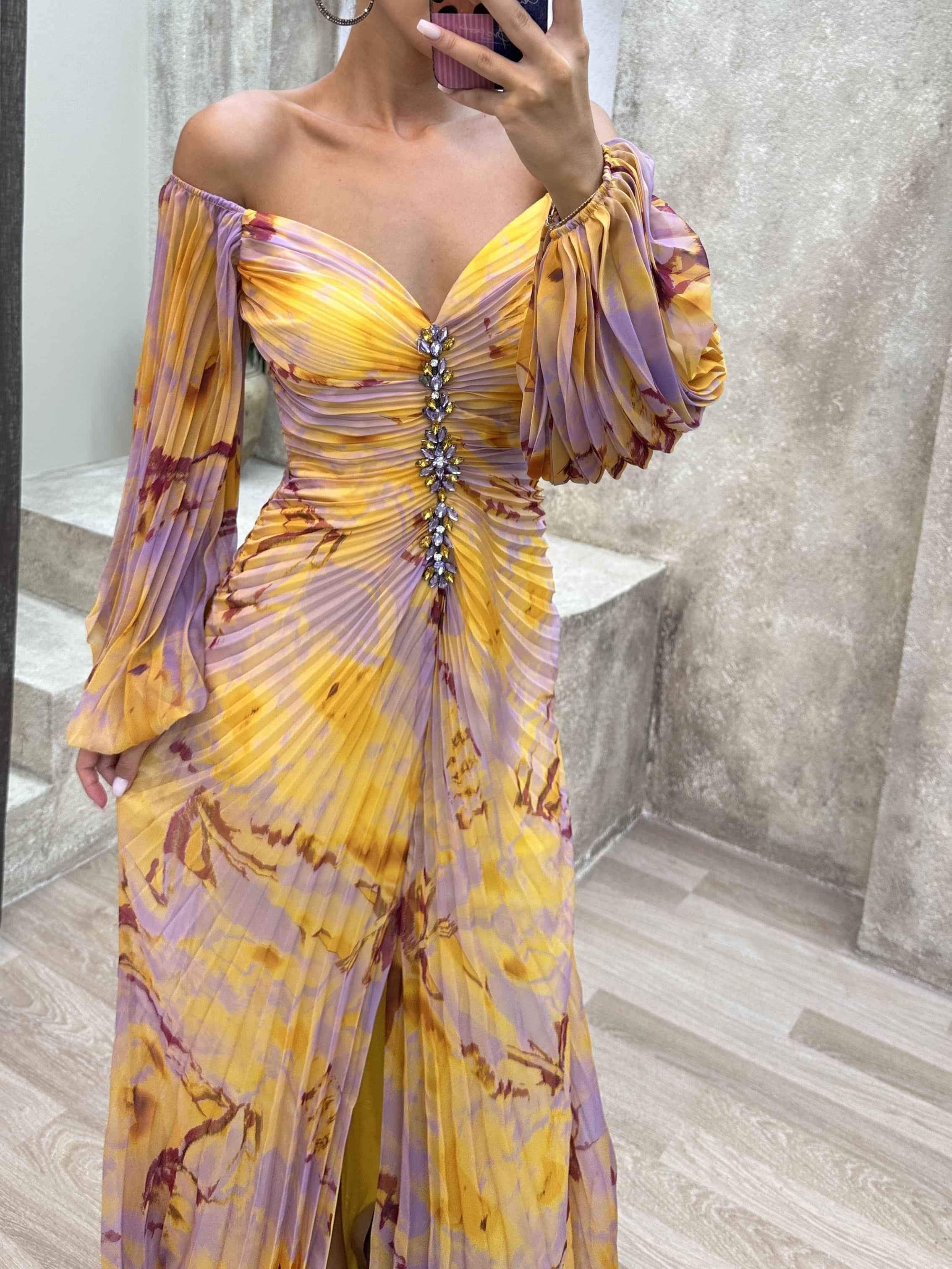 Off Shoulder Pleated Maxi Dress with Diamante Embellishment