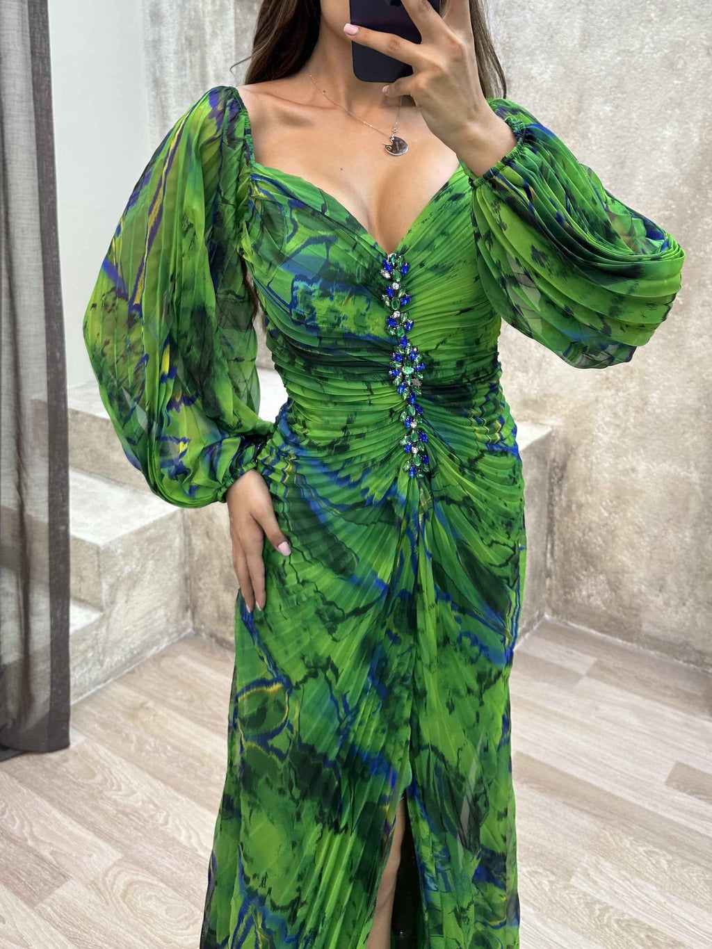 Off Shoulder Pleated Maxi Dress with Diamante Embellishment
