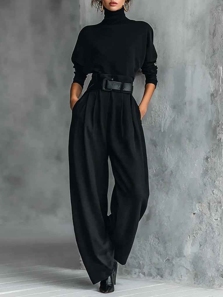 Turtleneck Top and Straight Leg Trouser Set with Belt