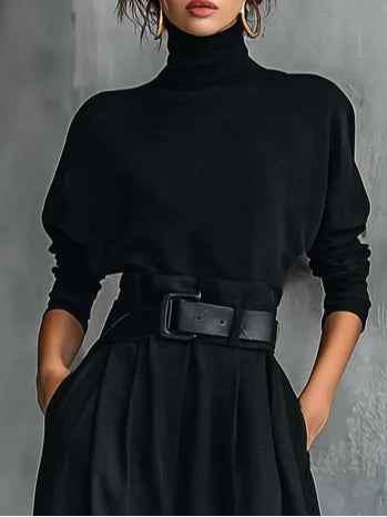 Turtleneck Top and Straight Leg Trouser Set with Belt