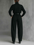 Turtleneck Top and Straight Leg Trouser Set with Belt