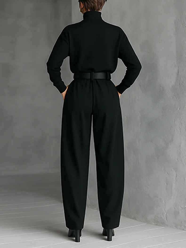 Turtleneck Top and Straight Leg Trouser Set with Belt