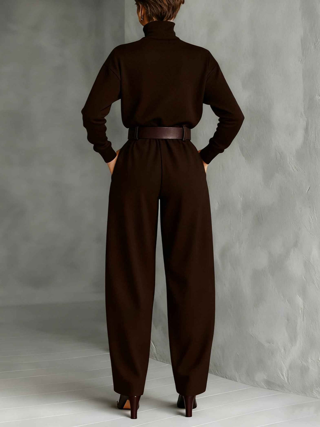 Turtleneck Top and Straight Leg Trouser Set with Belt