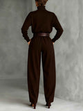 Turtleneck Top and Straight Leg Trouser Set with Belt