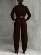 Turtleneck Top and Straight Leg Trouser Set with Belt