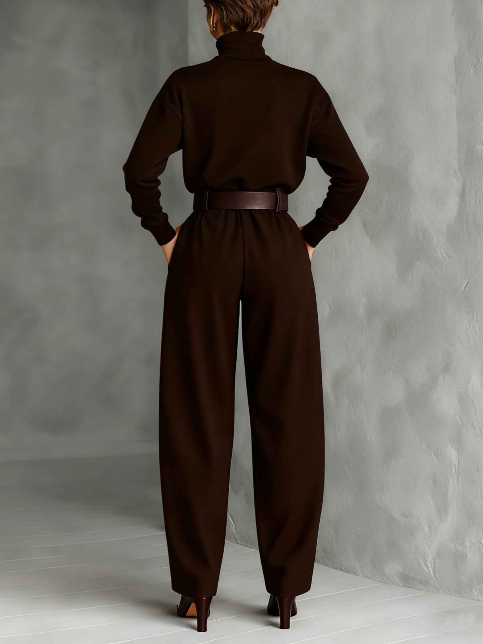 Turtleneck Top and Straight Leg Trouser Set with Belt