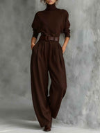 Turtleneck Top and Straight Leg Trouser Set with Belt