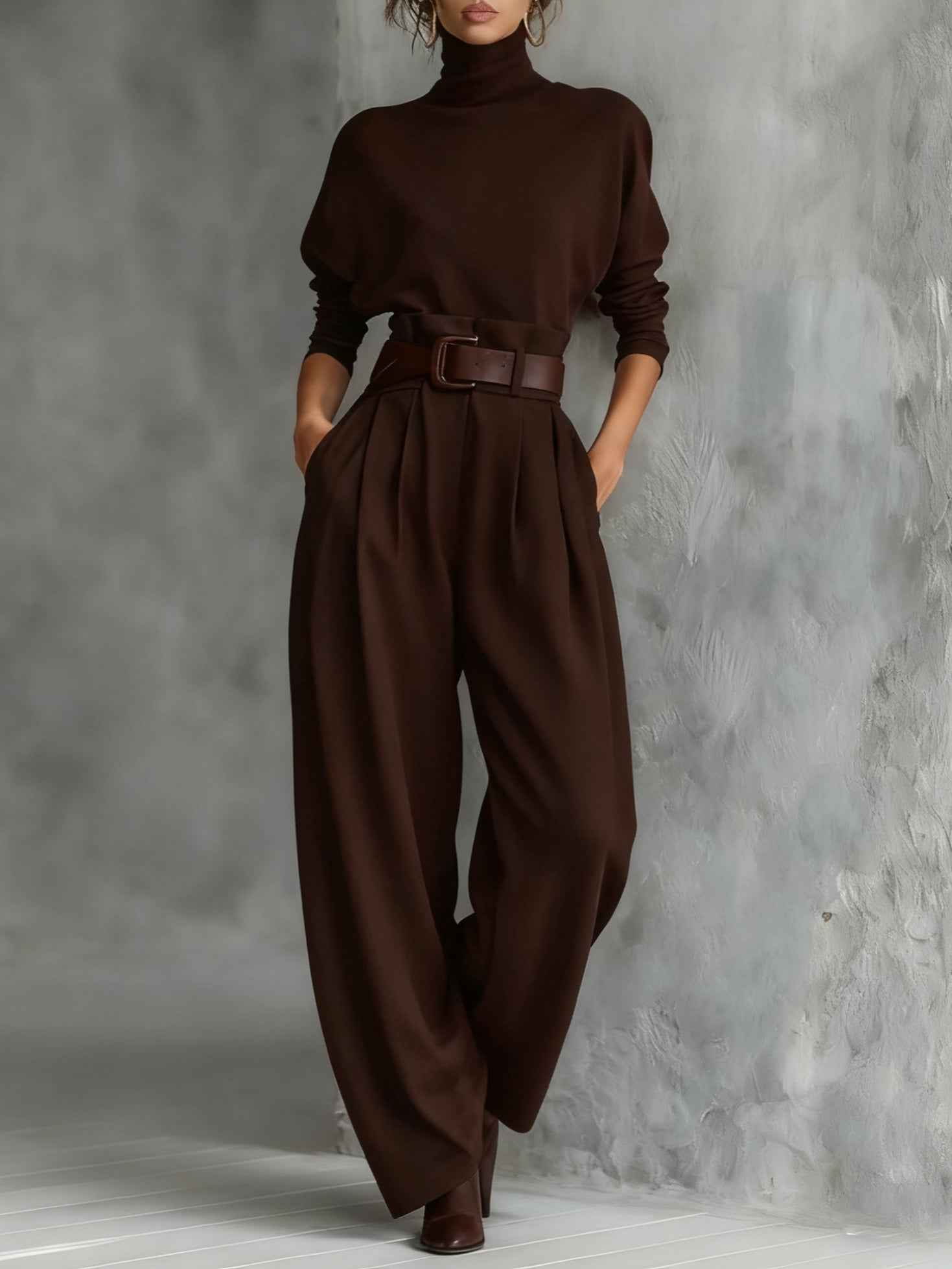 Turtleneck Top and Straight Leg Trouser Set with Belt