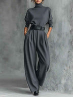 Turtleneck Top and Straight Leg Trouser Set with Belt