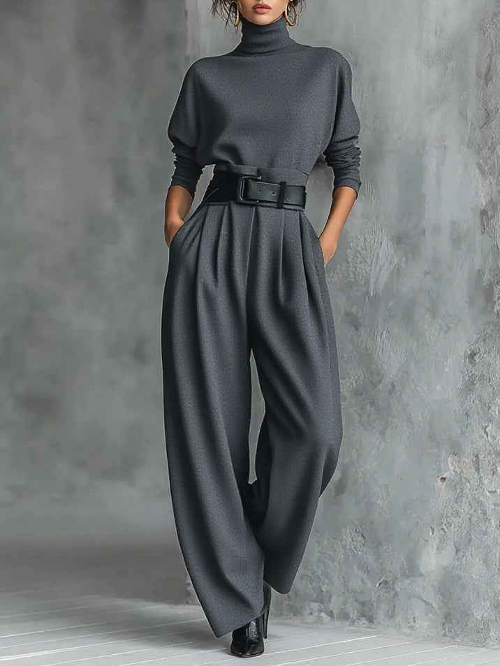 Turtleneck Top and Straight Leg Trouser Set with Belt