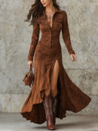 Retro Maxi Dress with Lapel Collar and Irregular Ruffle Hem