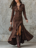 Retro Maxi Dress with Lapel Collar and Irregular Ruffle Hem