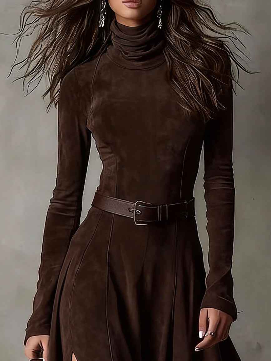 Turtleneck Maxi Dress with Front Split and Slim Silhouette