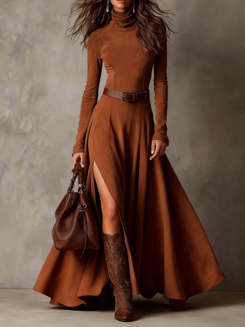 Turtleneck Maxi Dress with Front Split and Slim Silhouette
