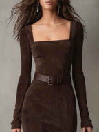 Faux Suede Maxi Dress with a Square Neck and High Split