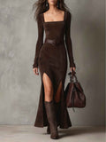 Faux Suede Maxi Dress with a Square Neck and High Split