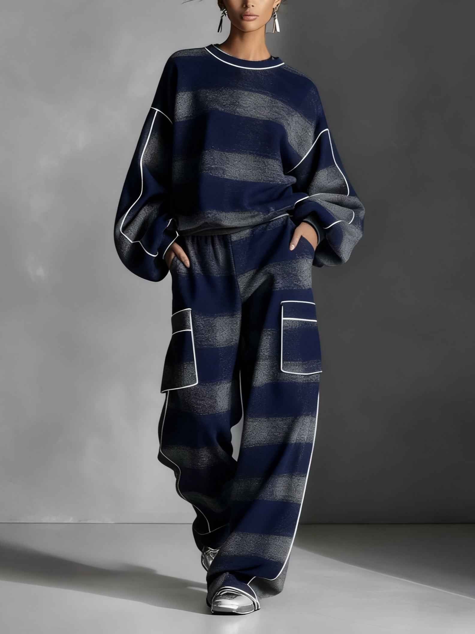 Checked Colour-Block Sweatshirt and Trousers Two-Piece Set