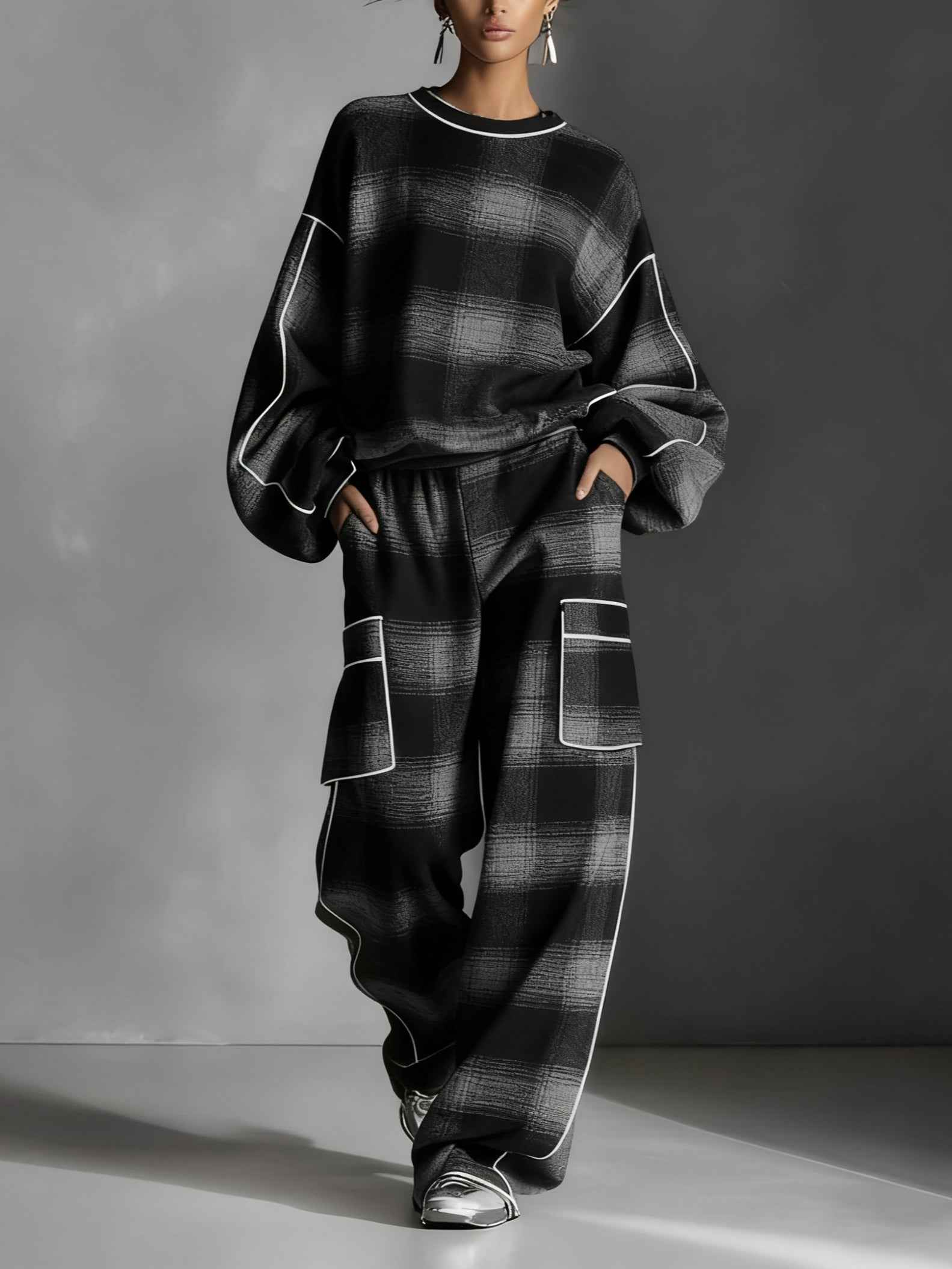Crew Neck Check Sweatshirt and Piped Trousers Matching Set