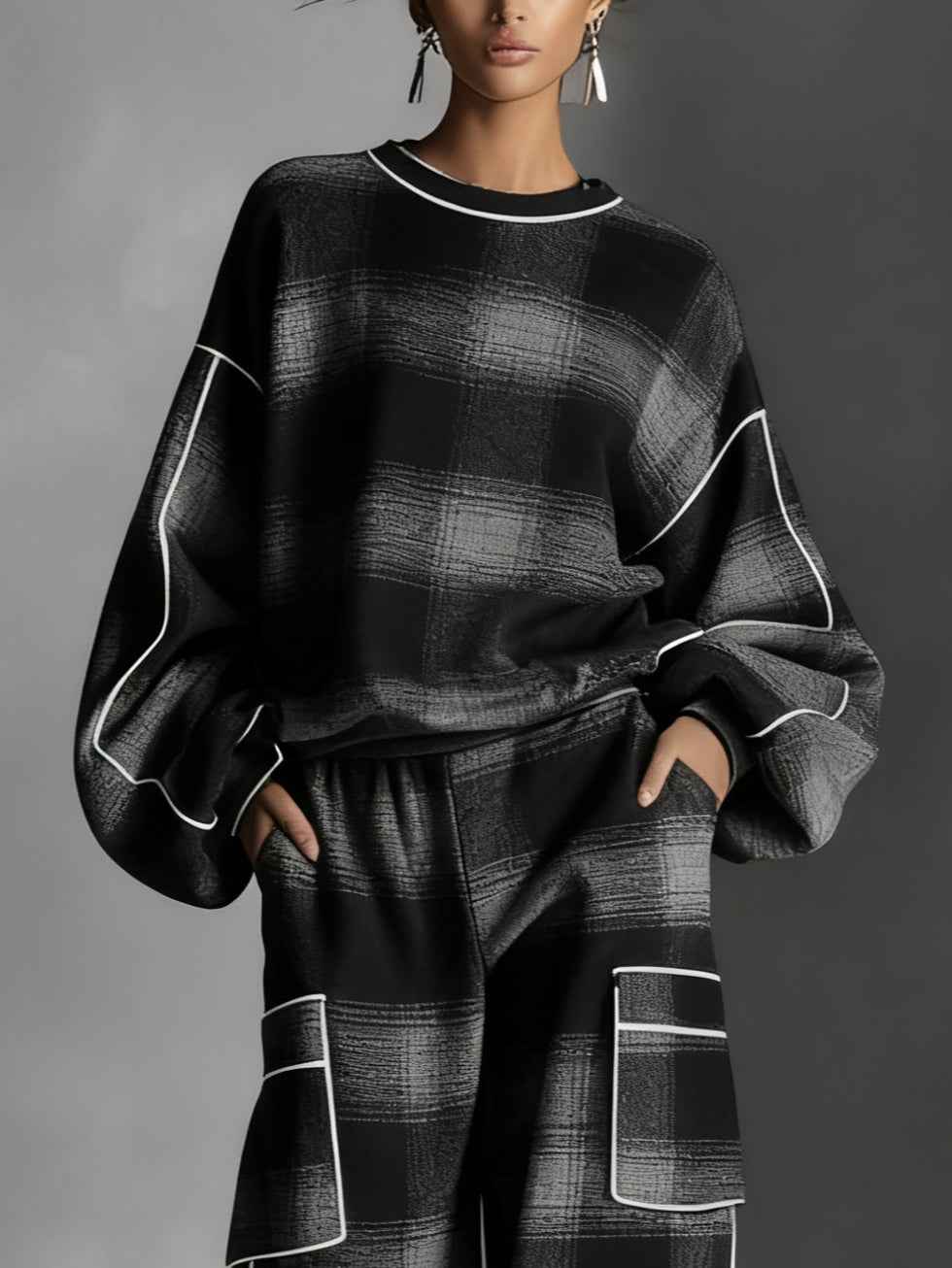 Crew Neck Check Sweatshirt and Piped Trousers Matching Set