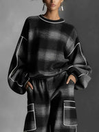 Crew Neck Check Sweatshirt and Piped Trousers Matching Set