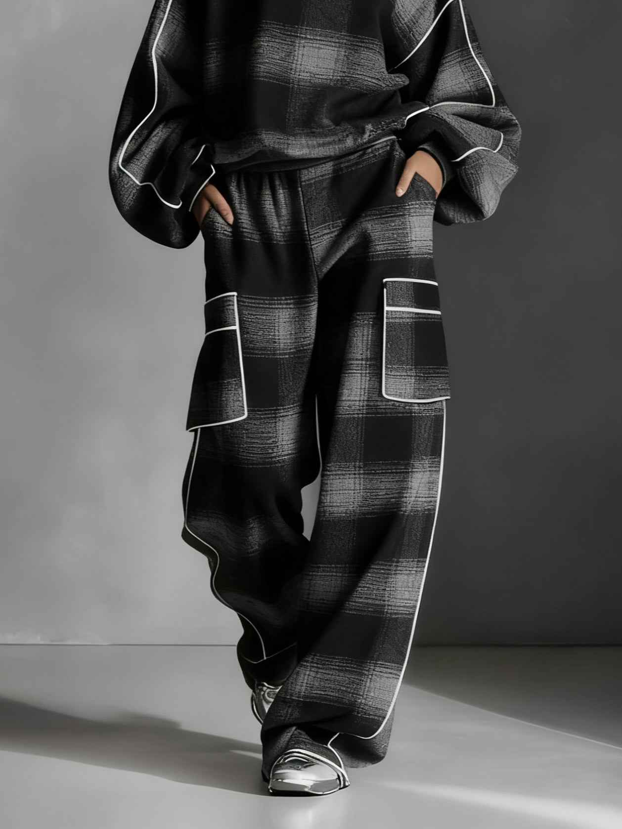 Crew Neck Check Sweatshirt and Piped Trousers Matching Set