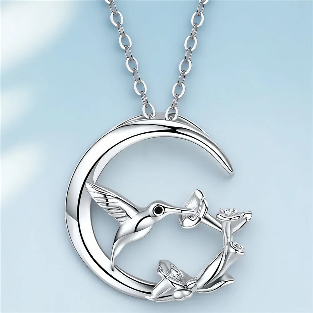 Vintage-Style Silver-Tone Moon and Bird Pendant Necklace