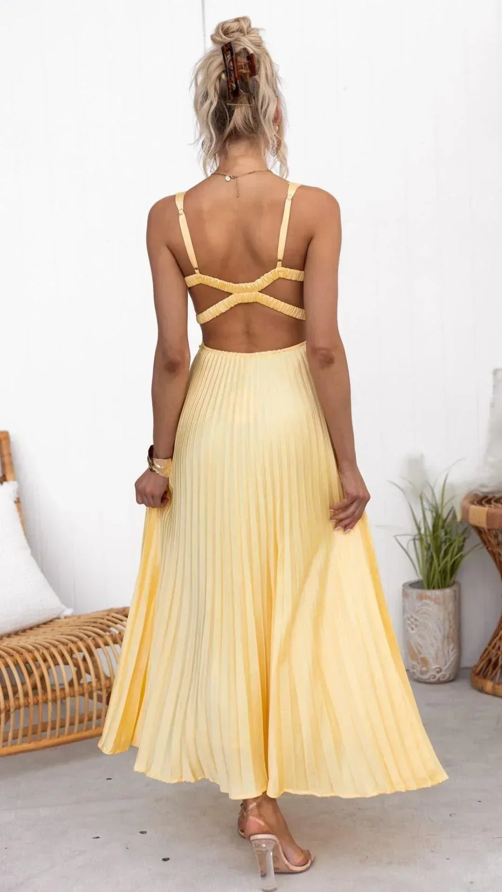 Pleated V-Neck Sleeveless Wide-Strap Summer Dress