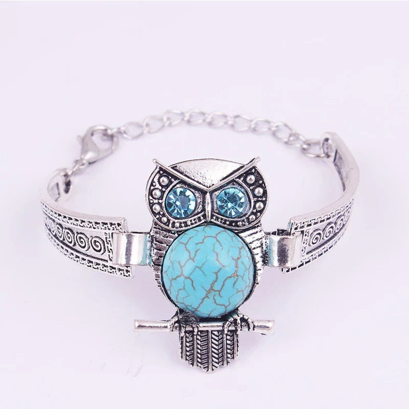 Pulseira com Pendente de Coruja e Turquesa Estilo Vintage
