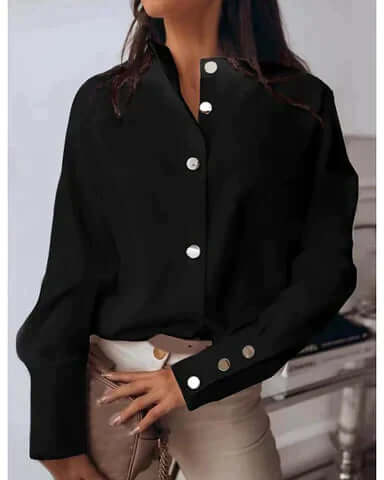 High-Neck Blouse with Long Sleeves and Button Cuffs