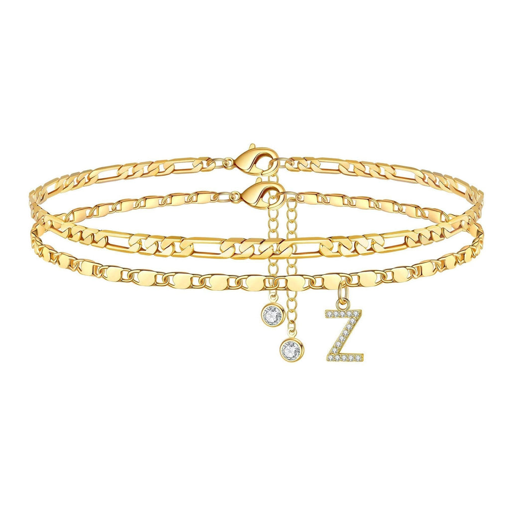 Two-Piece Initial Anklet Set with Diamond-Look Letter Charm