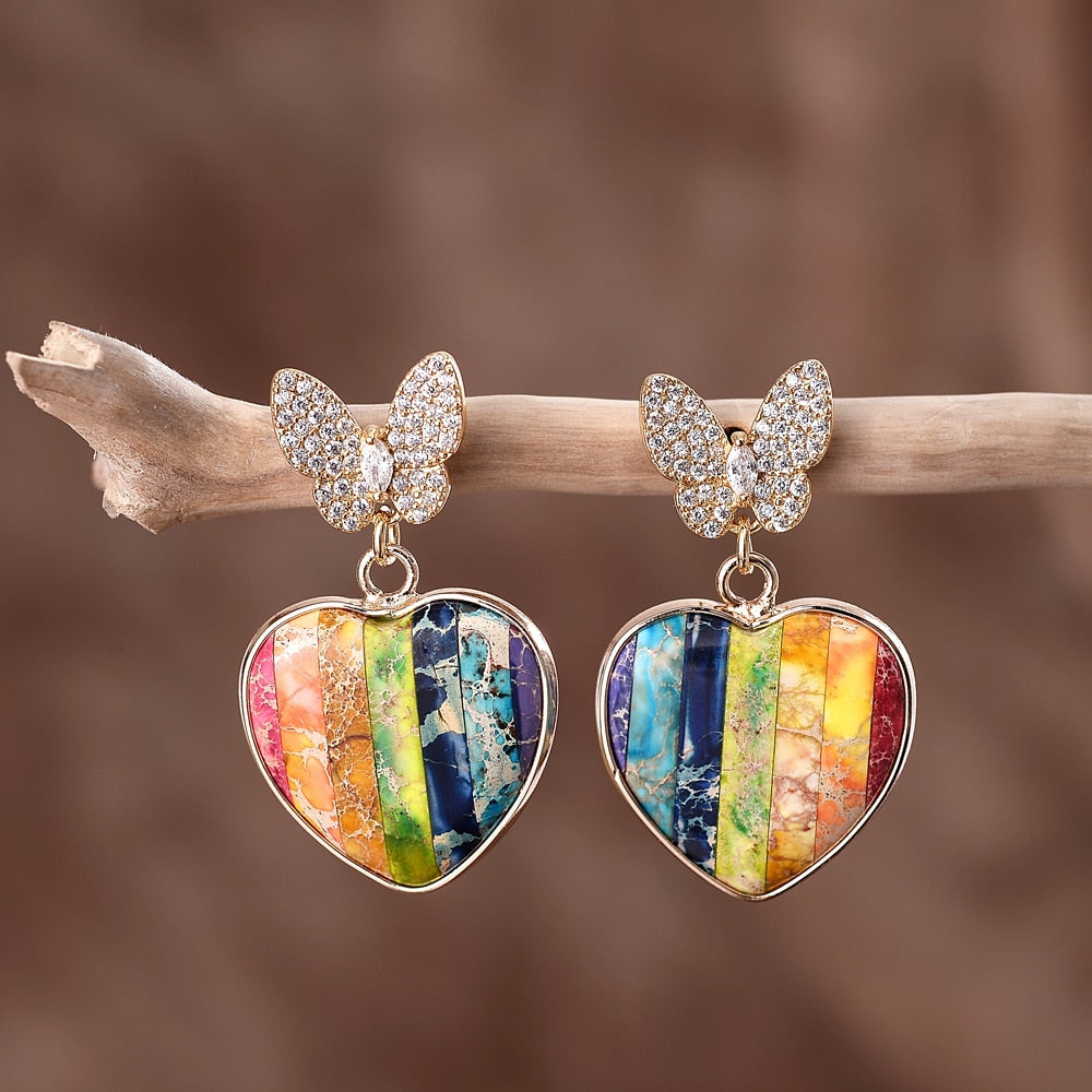 Imperial Jasper Rainbow Heart and Butterfly Earrings