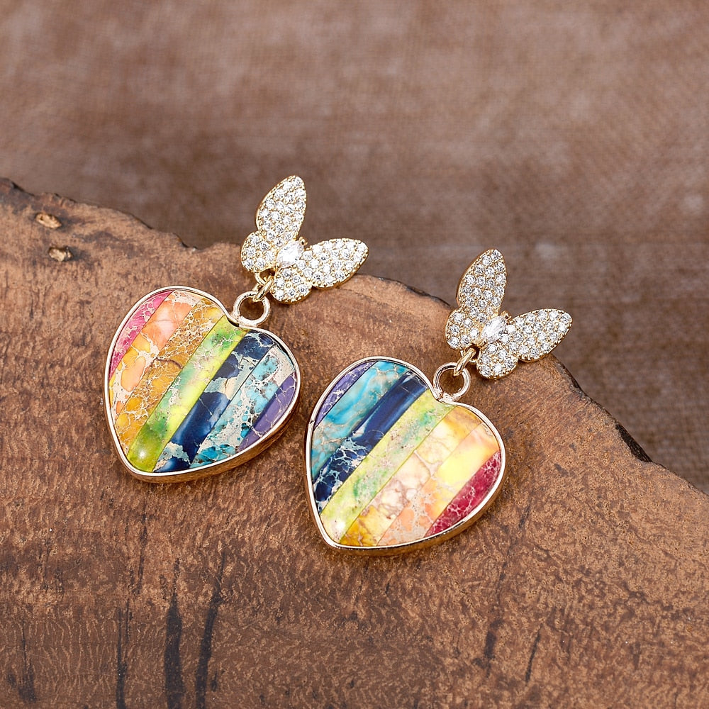Imperial Jasper Rainbow Heart and Butterfly Earrings