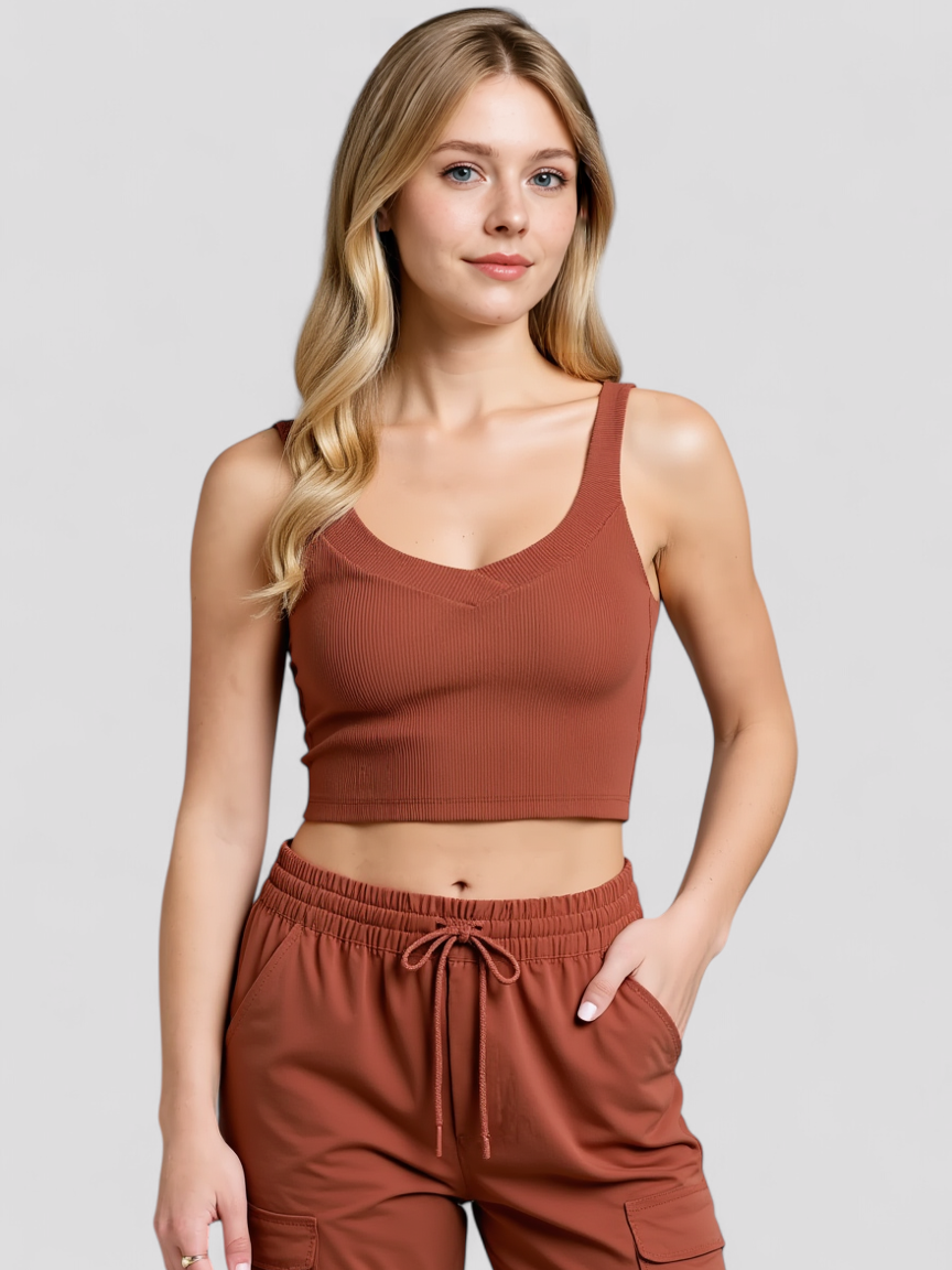 Geribbelde katoenen cropped tanktop met V-hals en lage rug