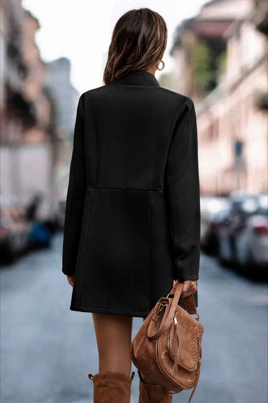 Longline Cotton Coat with a Stand Collar and Slim Cut
