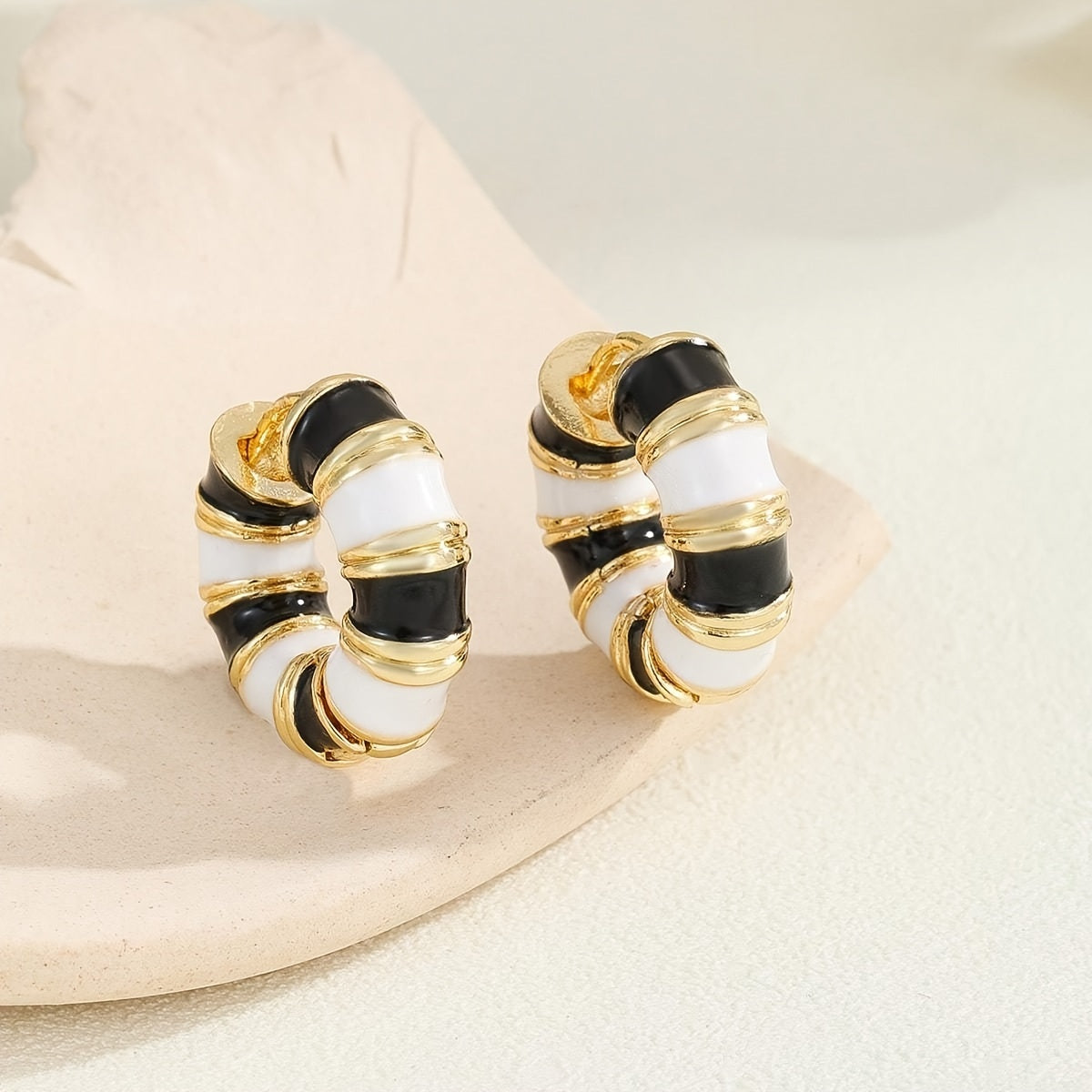 Vintage-Style Enamel Huggie Hoop Earrings with Gold-Tone Accents