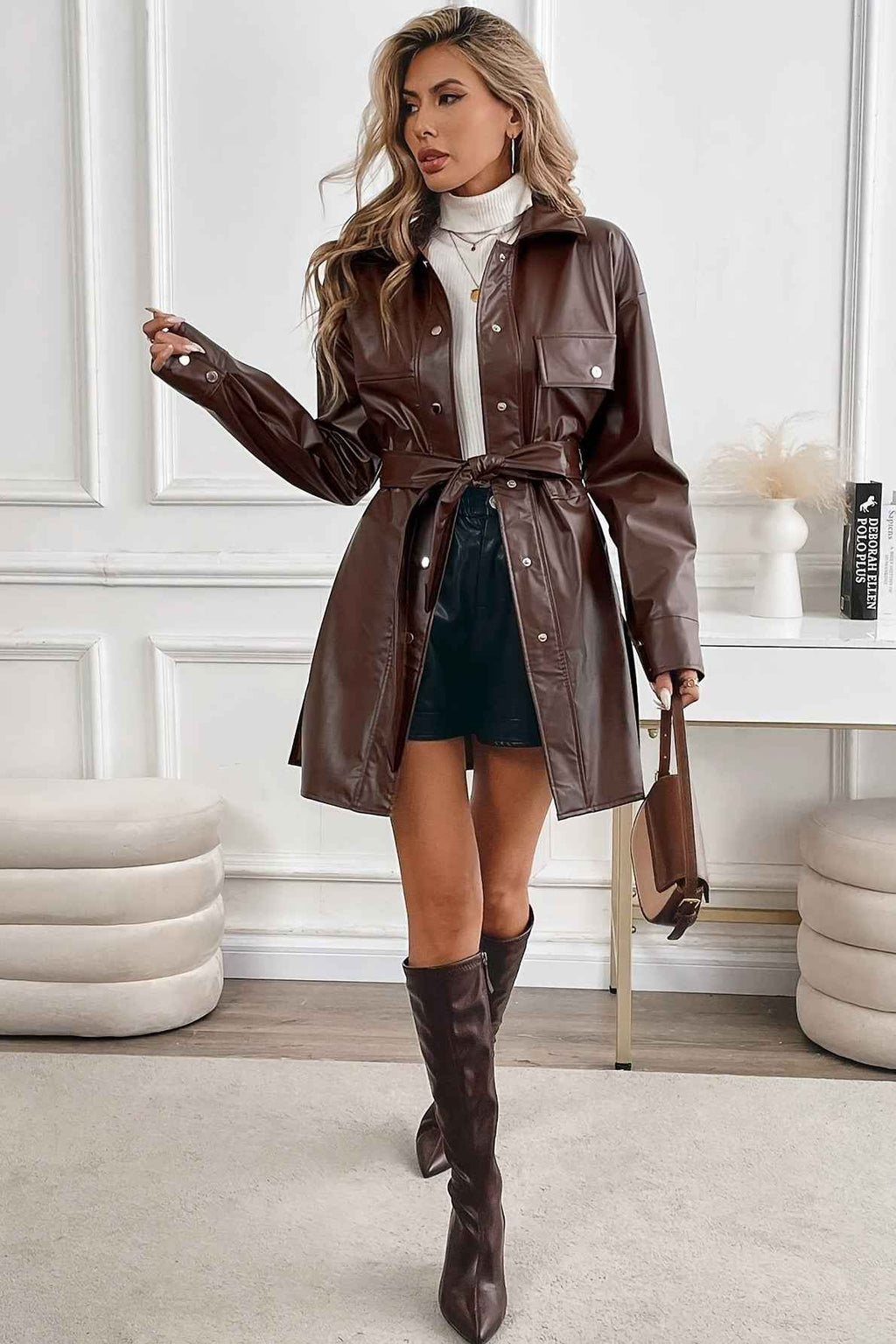 Mid Length Faux Leather Coat with Notched Collar and Belt