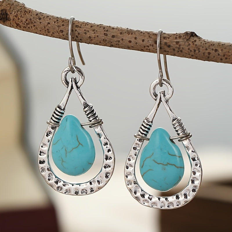 Brincos Vintage Retro com Pendente Gota de Água de Turquesa