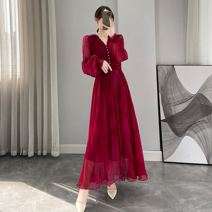 Rose Red Lantern Sleeve Beach Dress