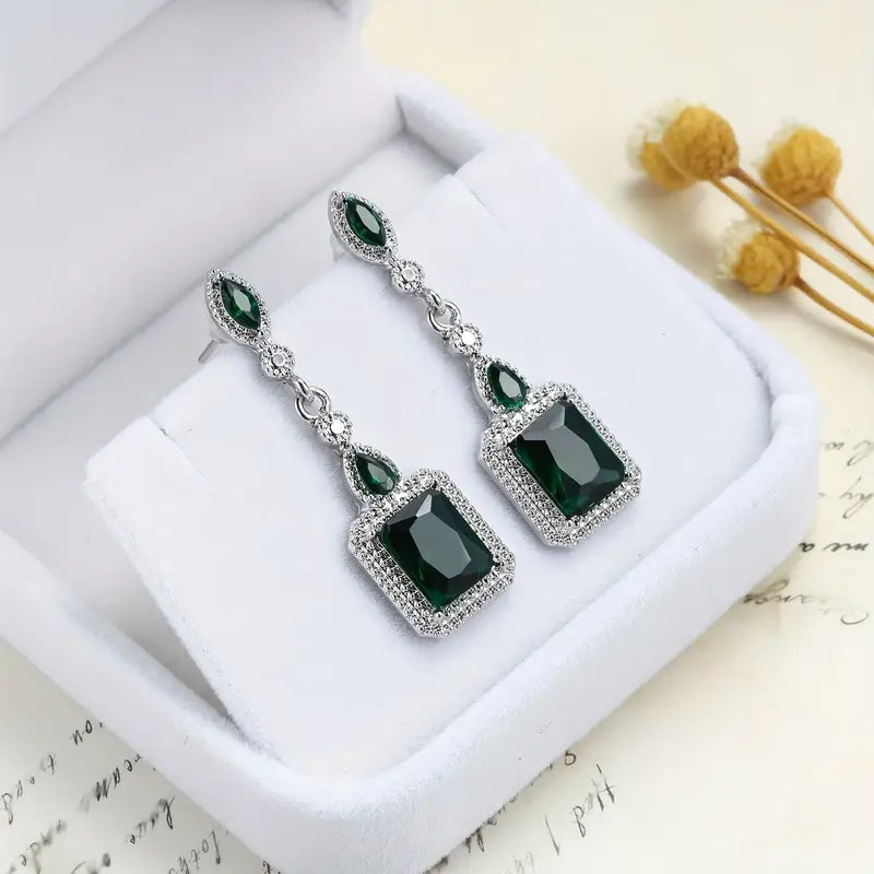 Green Emerald-Cut Linear Drop Earrings