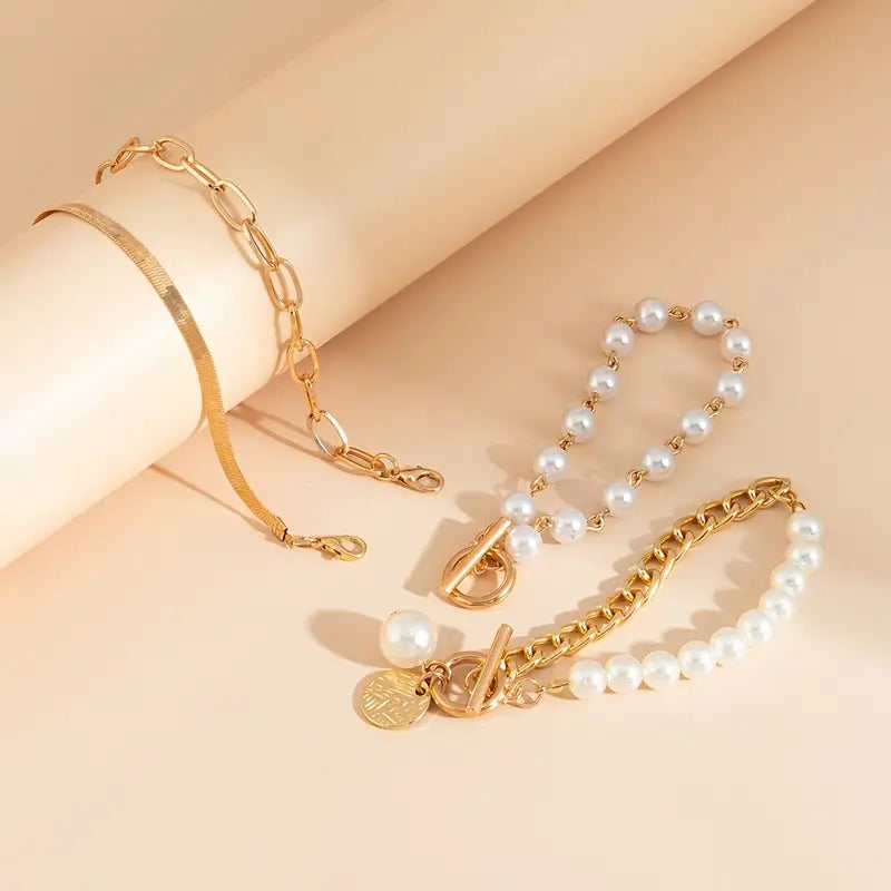 Four-Piece Gold-Tone Bracelet Set with Snake, Pearl and Link Chains