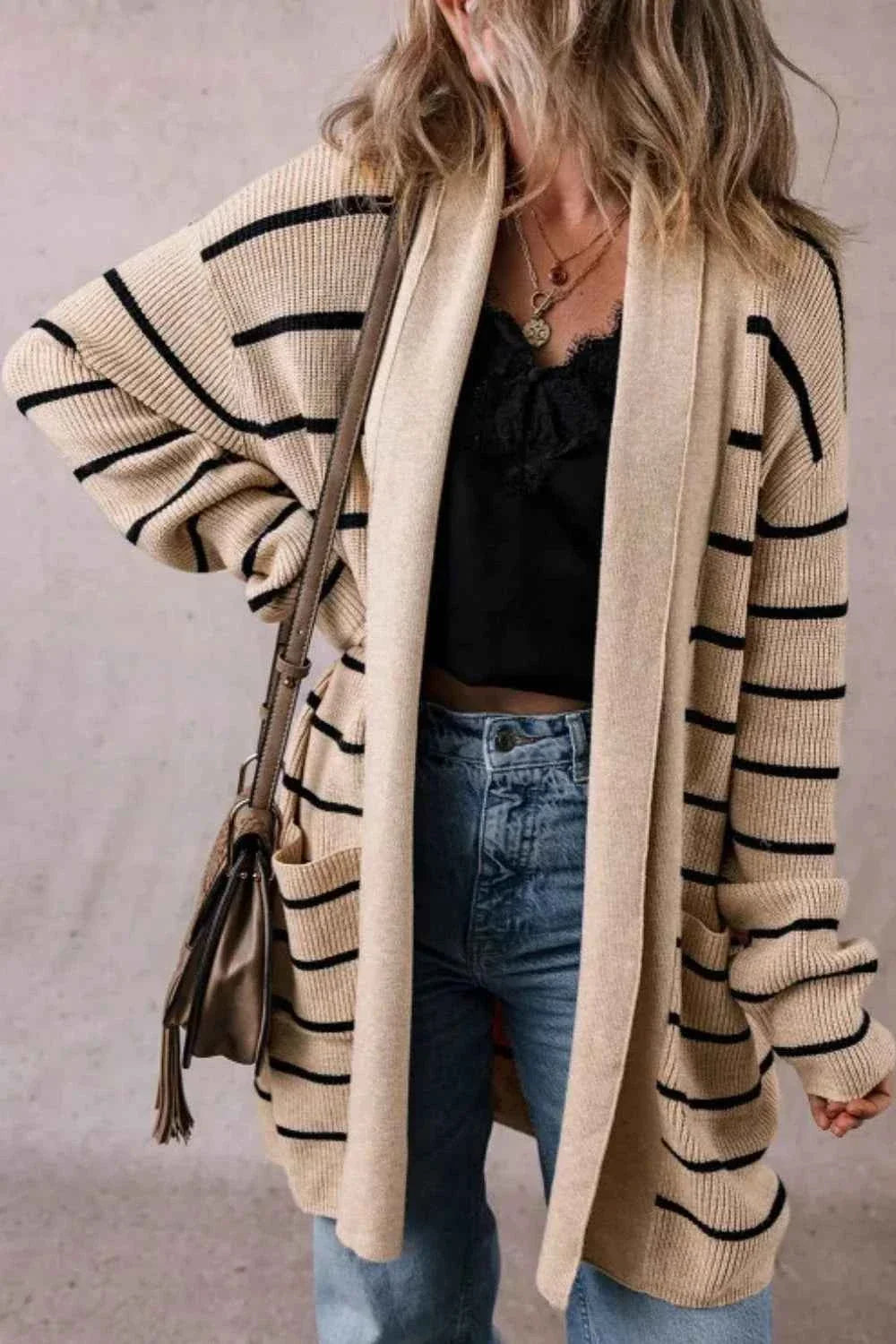 Striped Open-Front Cardigan with Long Sleeves and Soft Knit