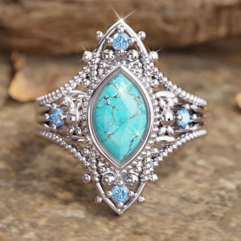 Bohemian Retro Blue Crystal Inlaid Turquoise Ring