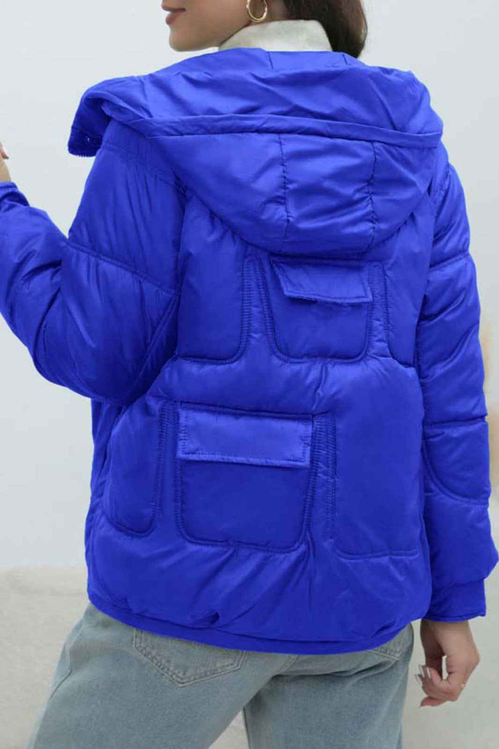Quilted Hooded Jacket with High Collar and Drawstring Hem