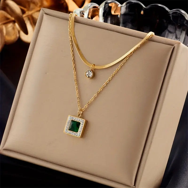 Double-Layer Necklace with Green Square Pendant