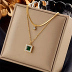 Double-Layer Necklace with Green Square Pendant