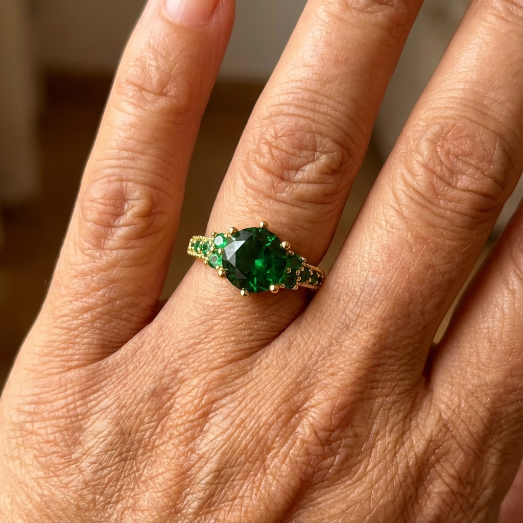 Green Crystal Heart Ring with Pavé Band