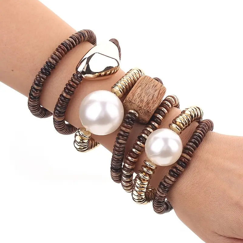 Wooden Bead Bracelet with Gold-Tone and Pearl Accents