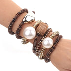 Wooden Bead Bracelet with Gold-Tone and Pearl Accents