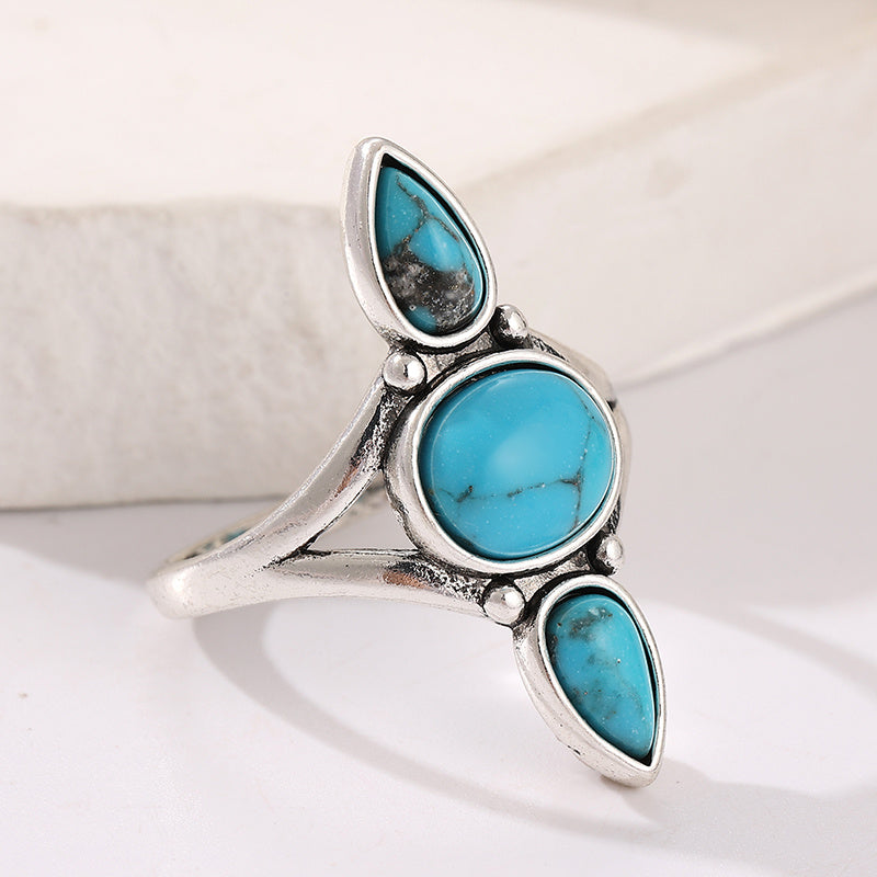 Bohemian Oval Turquoise Inlaid Drop Ring